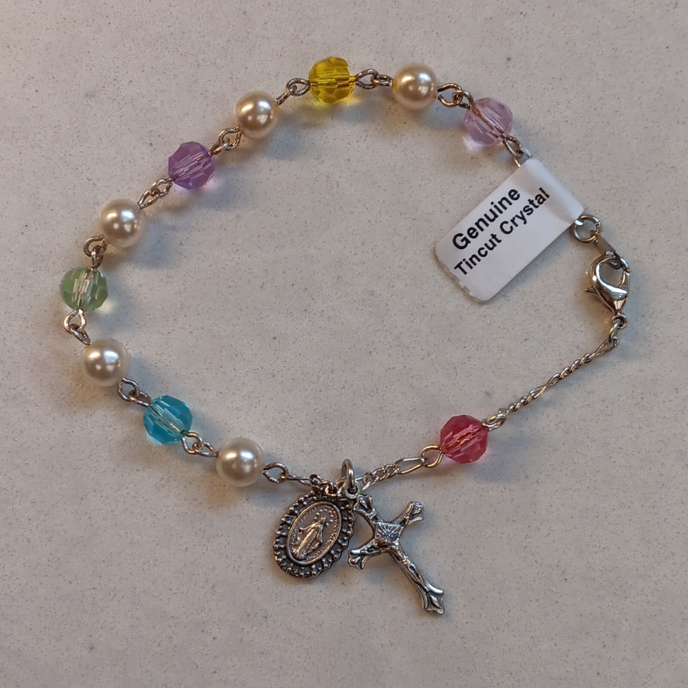 Genuine TINCUT Multi-color Crystal and Faux Pearl Rosary Silver Tone Bracelet
